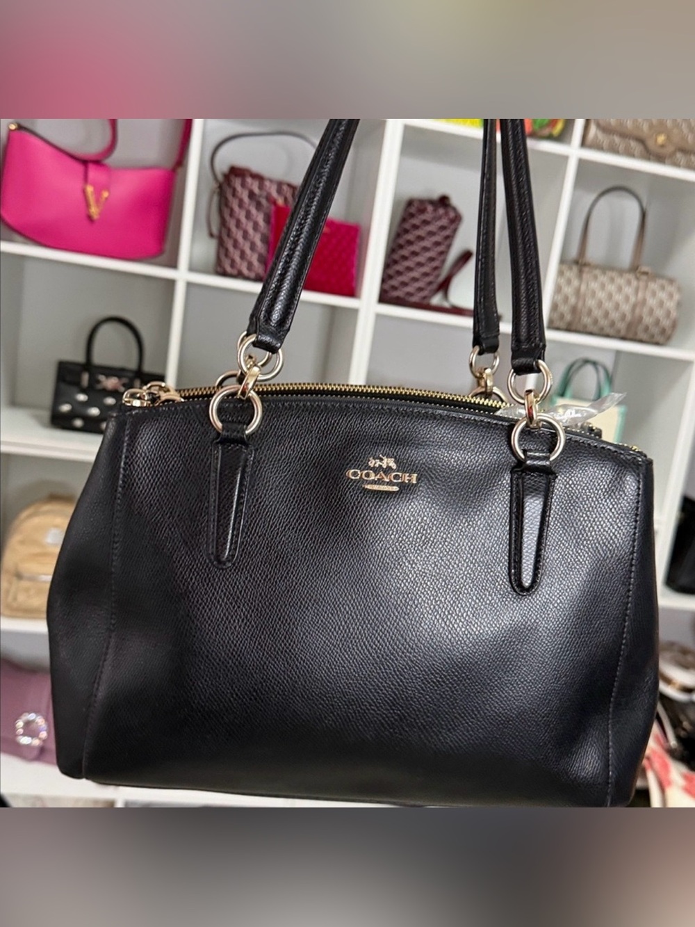 Coach Christie CarryAll Handbag in Black Pebble Grain Leather Double Zip Top EUC